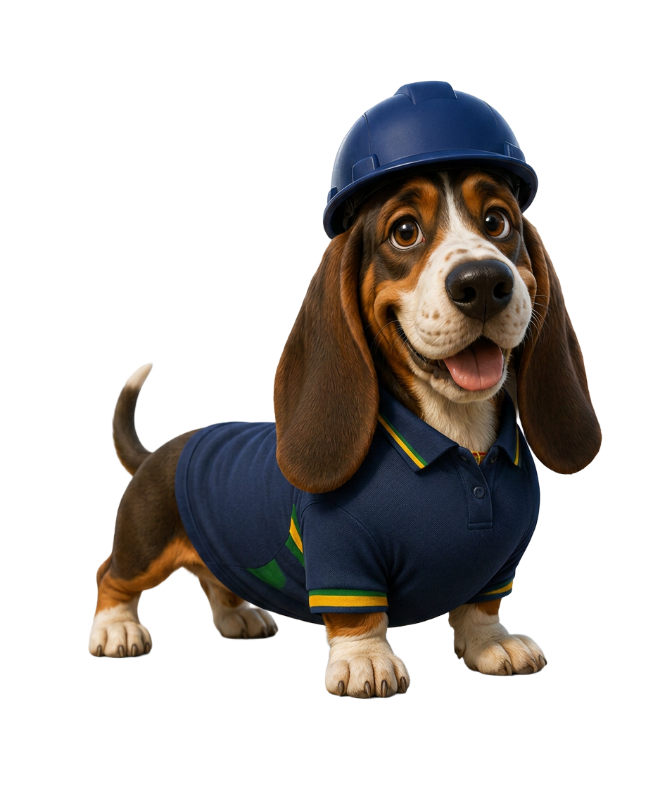 Mascote da Telhaço MS, um basset com capacete e uniforme azul